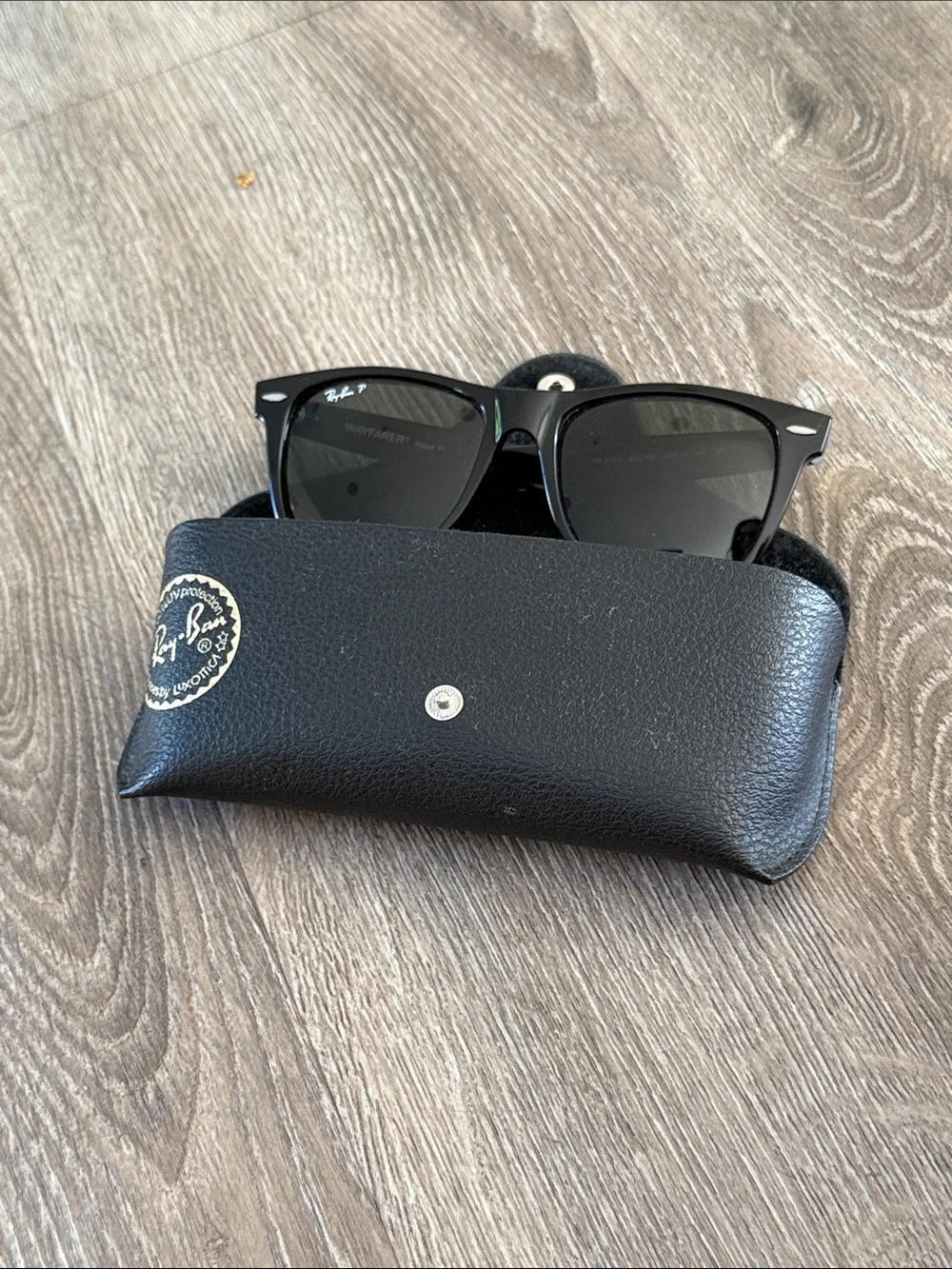 Ray-Ban Black Polarized Wayfarer Sunglasses with Black Leather Case
